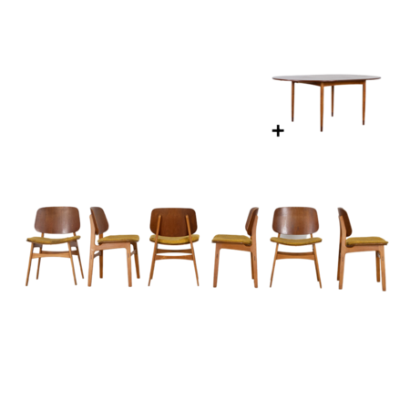 Set van 6 Borge Mogensen stoelen model 155 en tafel Soborg Mobelfabrik